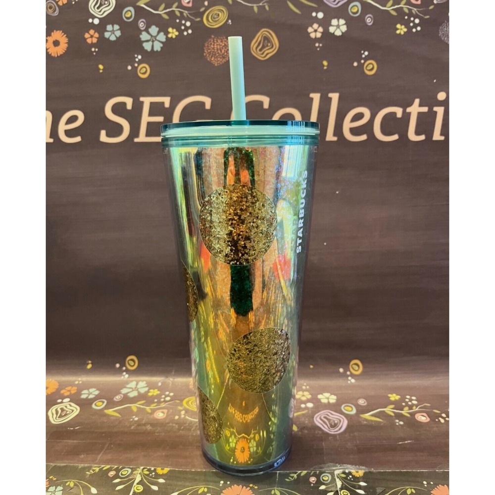 Starbucks 2020 Holiday Gold Glitter Polka Dot 24oz Venti Cold Cup Tumbler‎ NWT